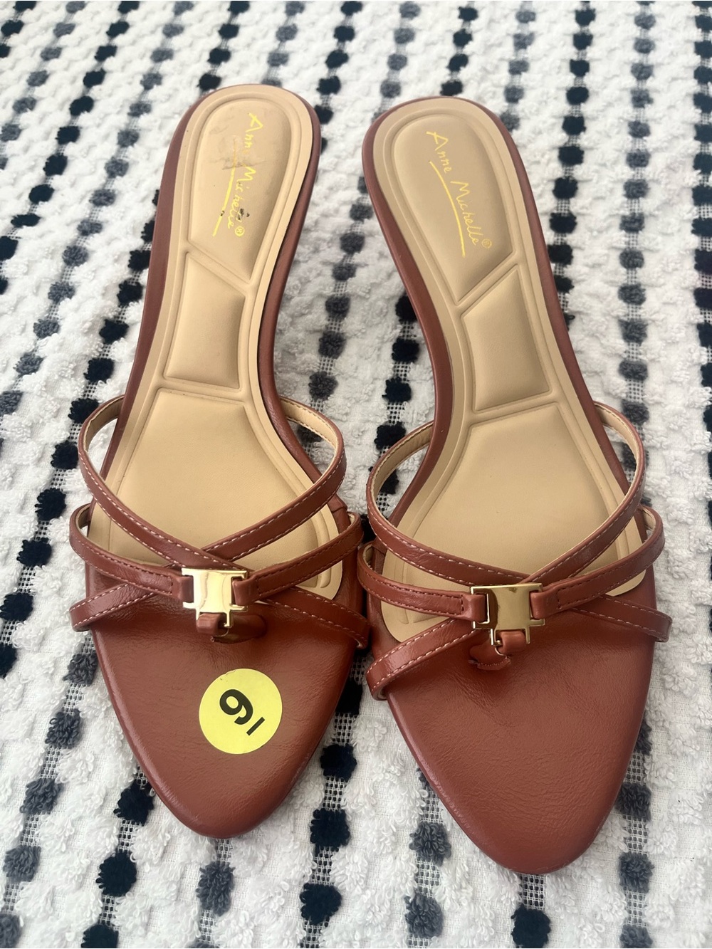 Ann Michell Brown Pointed Leather Slide Mules with Gold Accent
